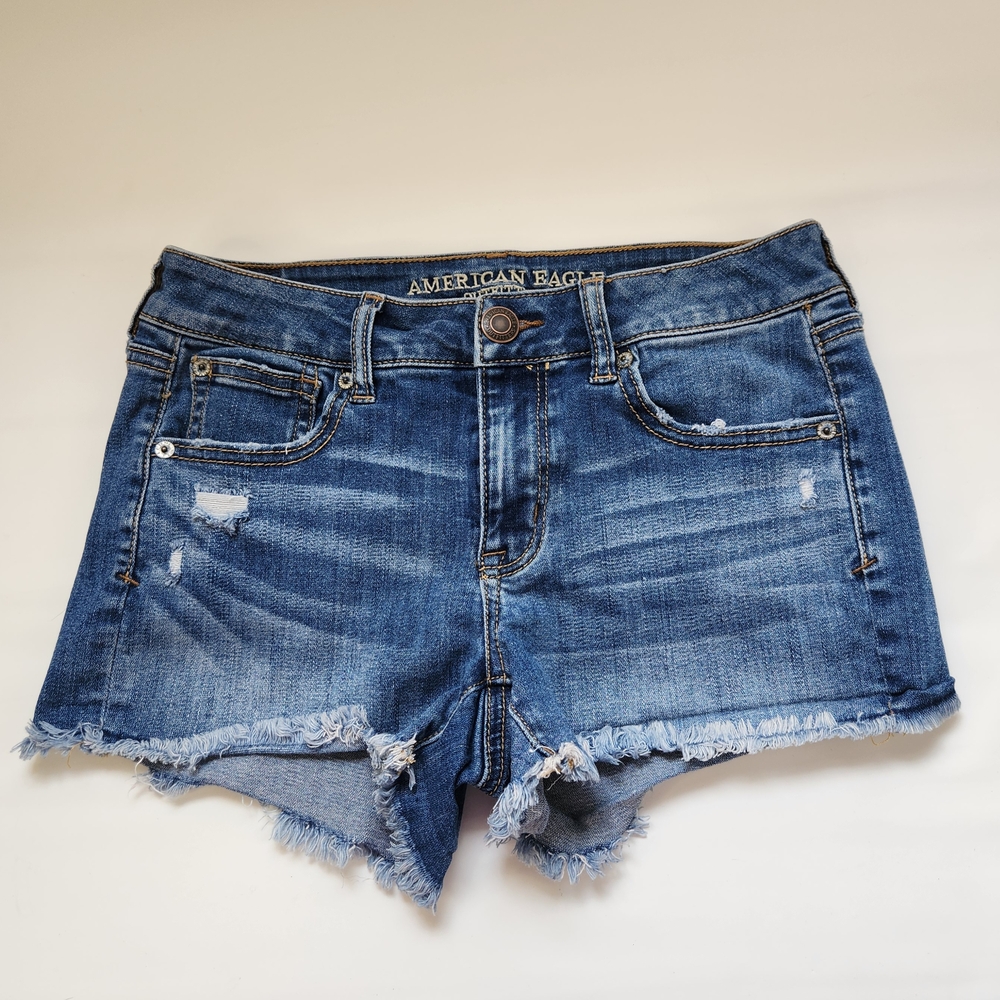 American Eagle Outfitters Blue Distressed Frayed Hem Denim Shorts